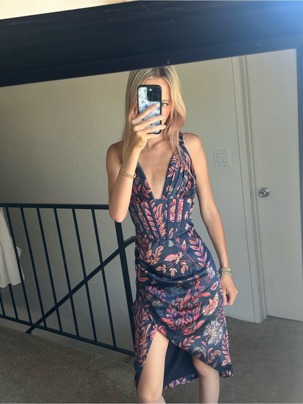Plunging V-Neck Mini Dress in Navy with Pink Floral Print